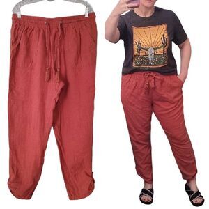 SoundStyle Country Rust Linen Blend Elastic Waist Convertible Pants Large